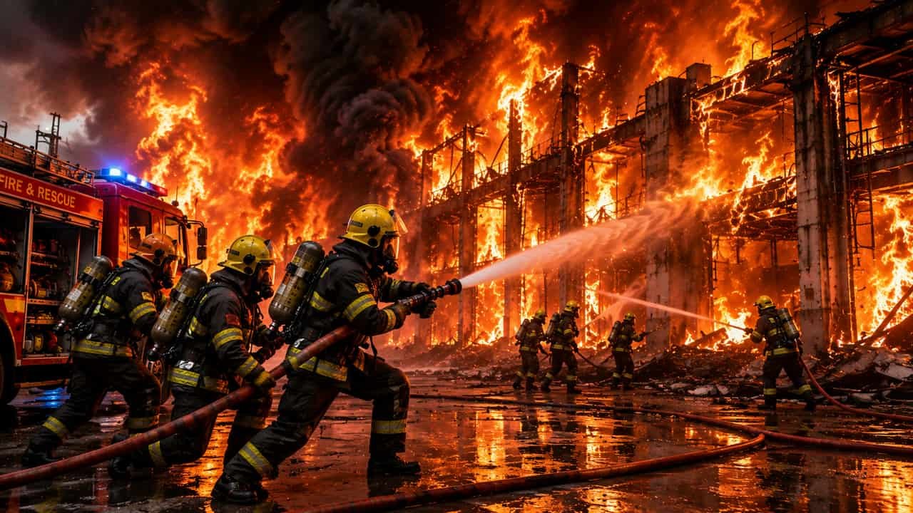 Fire and rescue crews at work, illustrating the risk fire safety systems are built against