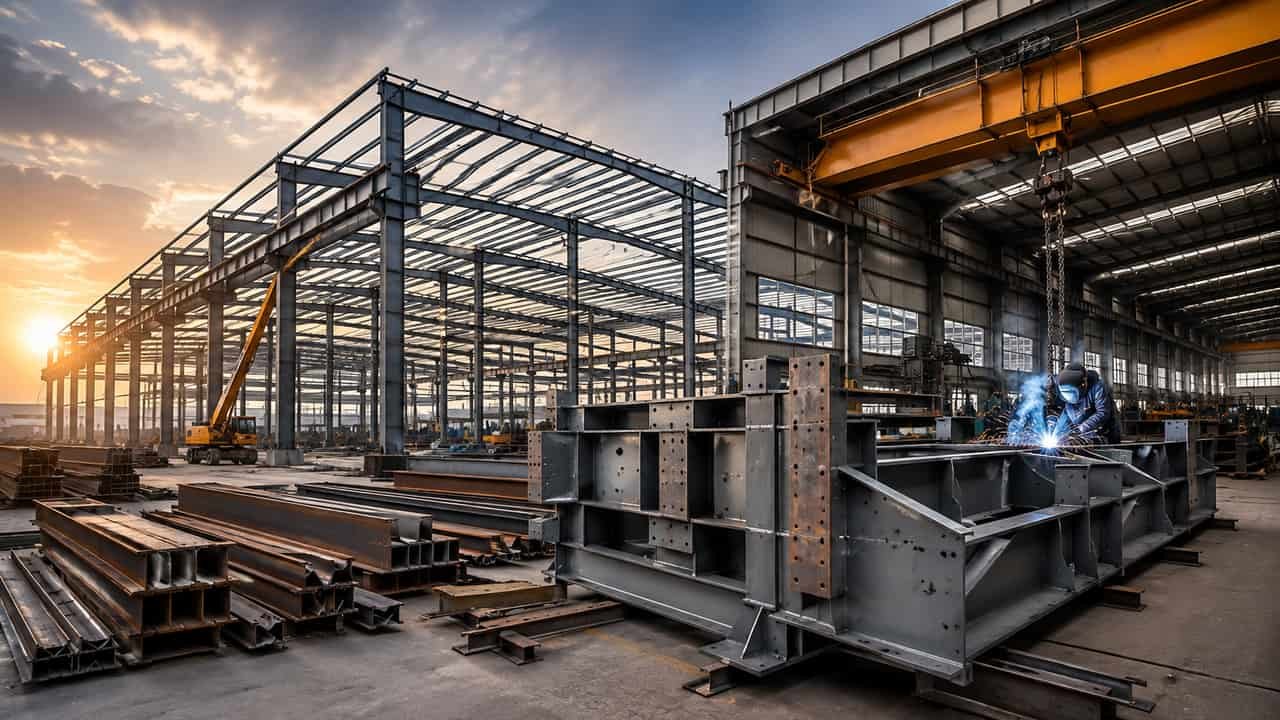 Heavy steel fabrication and a pre-engineered building frame under erection